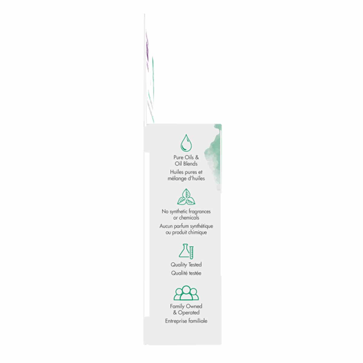 Four essential oil bottles with purple and green labels in a white cardboard box displaying product information and icons.