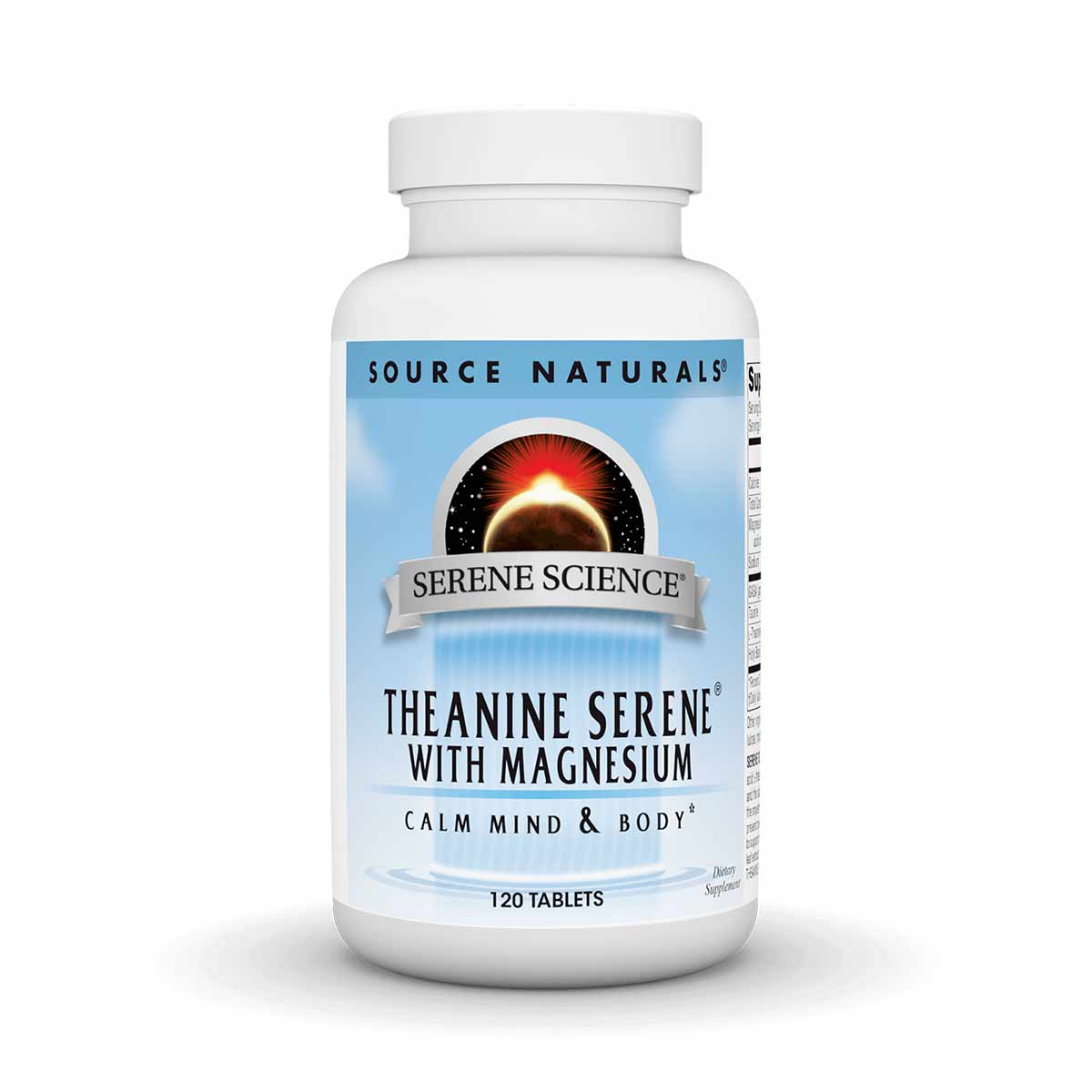 White bottle of Source Naturals Theanine Serene with Magnesium supplement containing 120 tablets.