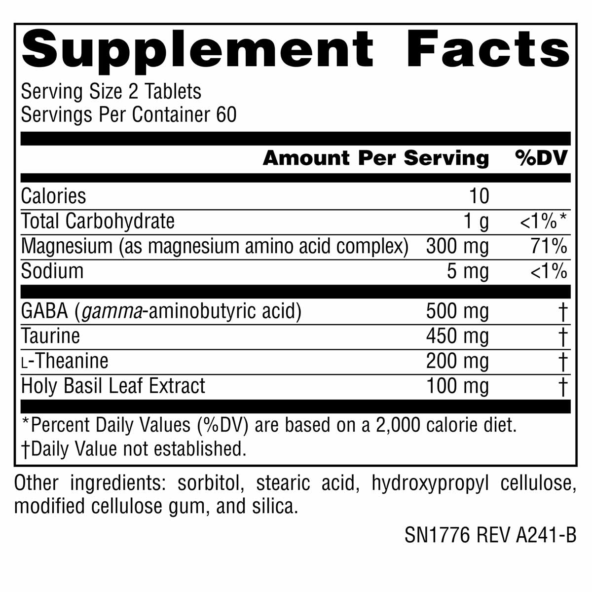 Supplement Facts label for Serene Science Theanine with Magnesium showing serving size, ingredients, and nutritional informat