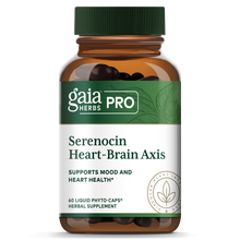 Gaia Herbs Pro Serenocin Heart-Brain Axis bottle with green cap containing 60 dark liquid phyto-caps.