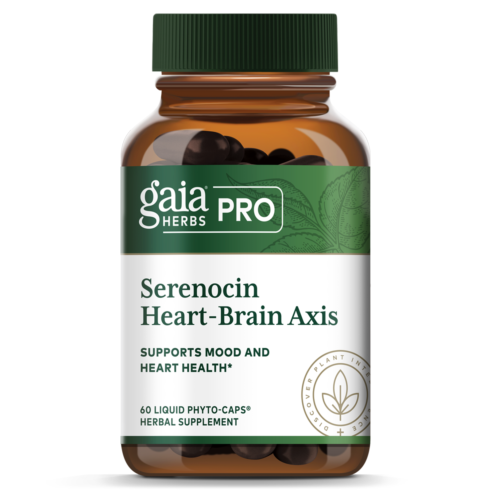 Gaia Herbs Pro Serenocin Heart-Brain Axis bottle with green cap containing 60 dark liquid phyto-caps.