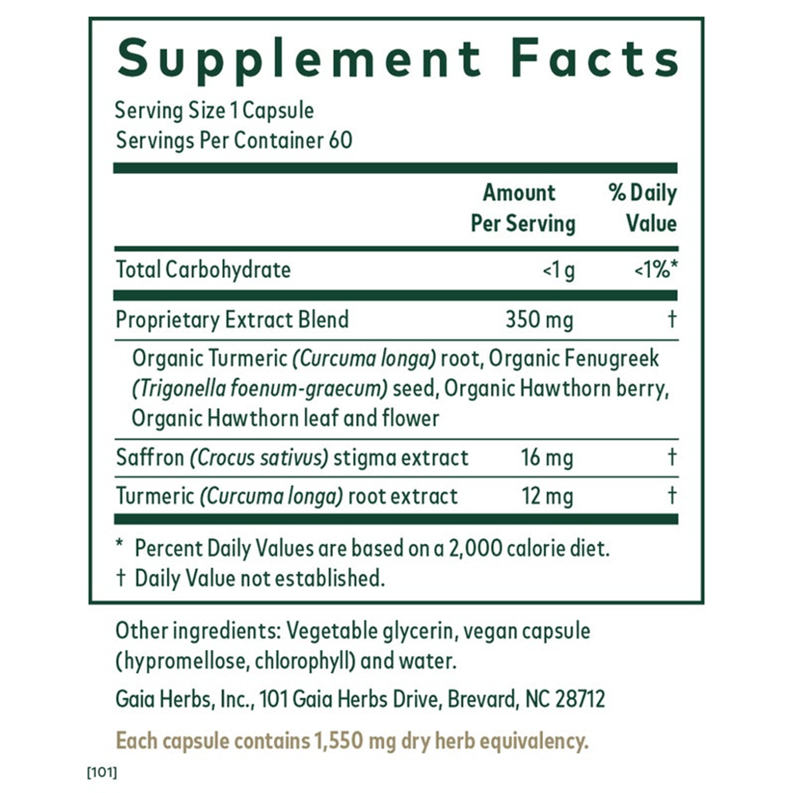 Supplement Facts label for Serenocin Heart-Brain Axis showing serving size, ingredients including turmeric, fenugreek, hawtho