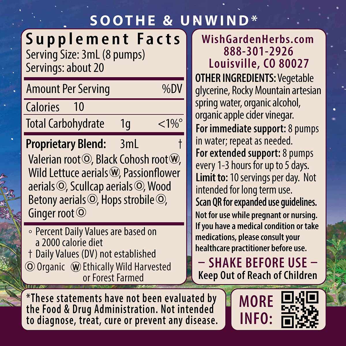 Supplement Facts label for Serious Relaxer herbal liquid with proprietary blend ingredients and usage instructions on starry 