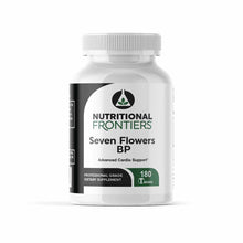 White plastic bottle with white cap containing 180 tablets of Seven Flowers BP by Nutritional Frontiers dietary supplement.