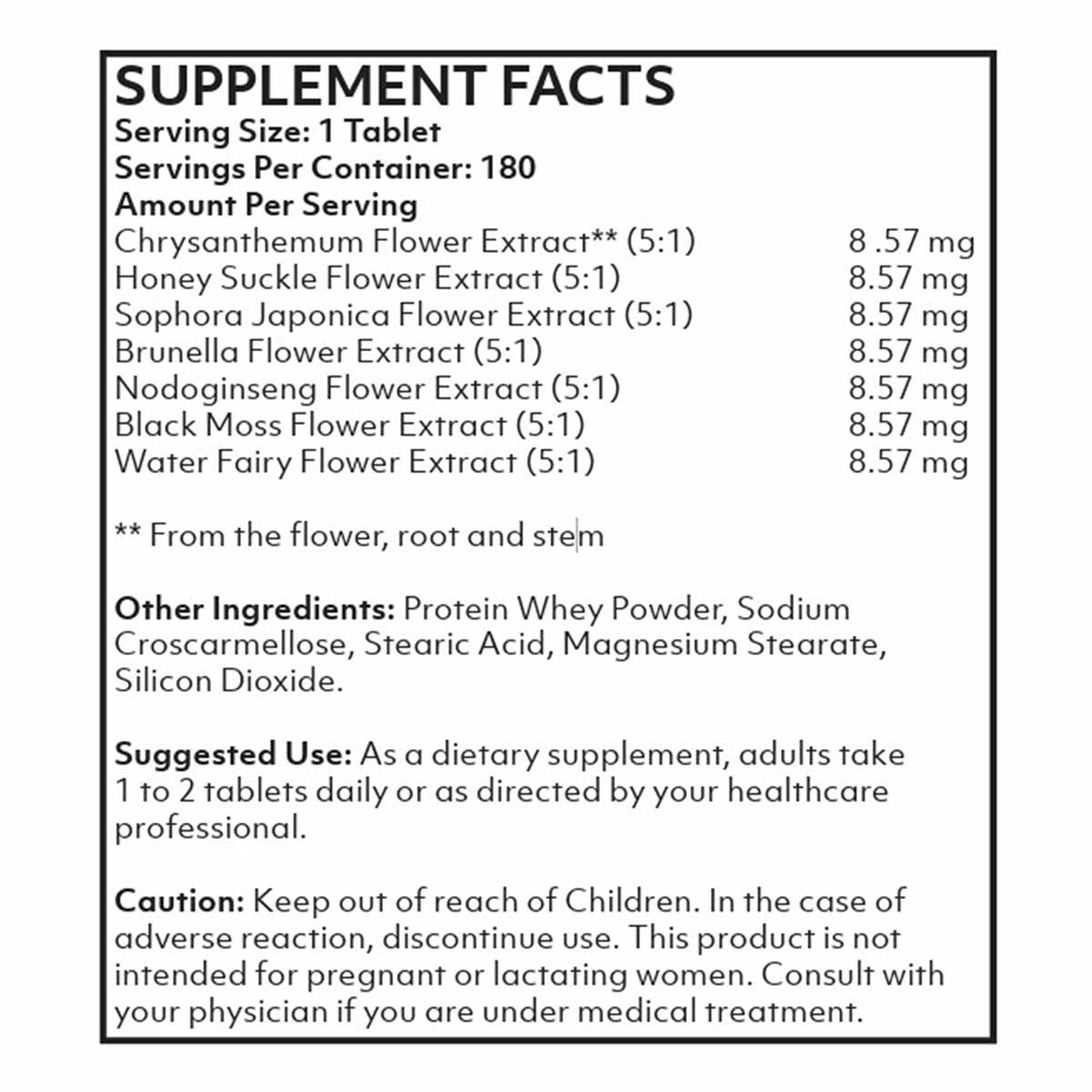 Supplement Facts label for Seven Flowers BP showing serving size, ingredient amounts, and usage instructions for 180 tablets.