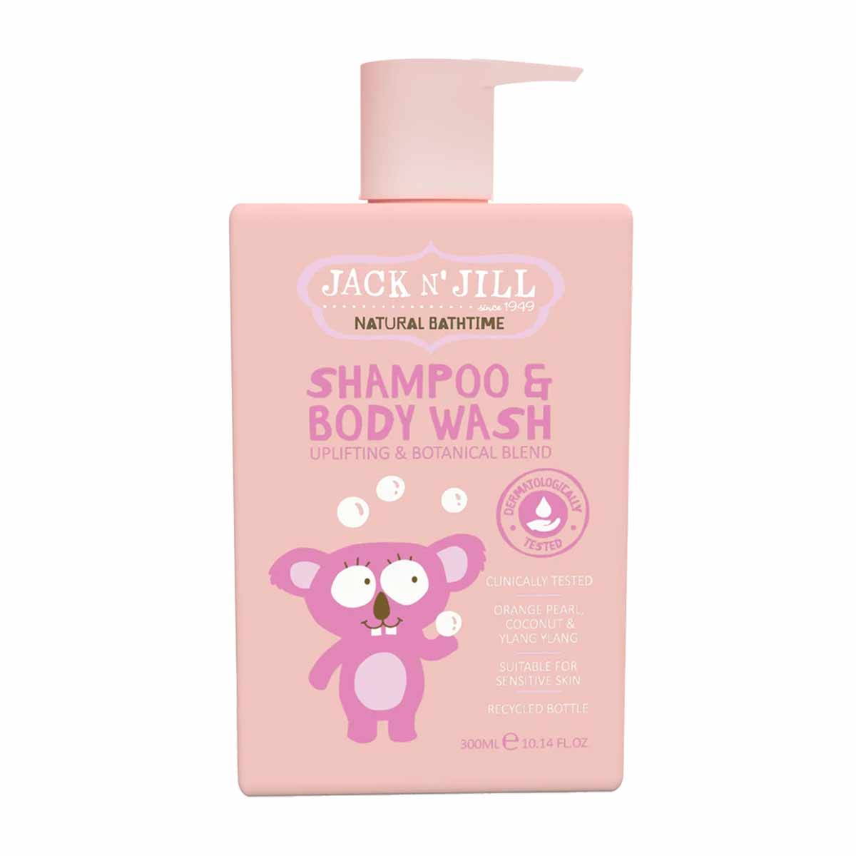 Pink pump bottle of Jack N' Jill shampoo and body wash with purple koala character and product details on label.