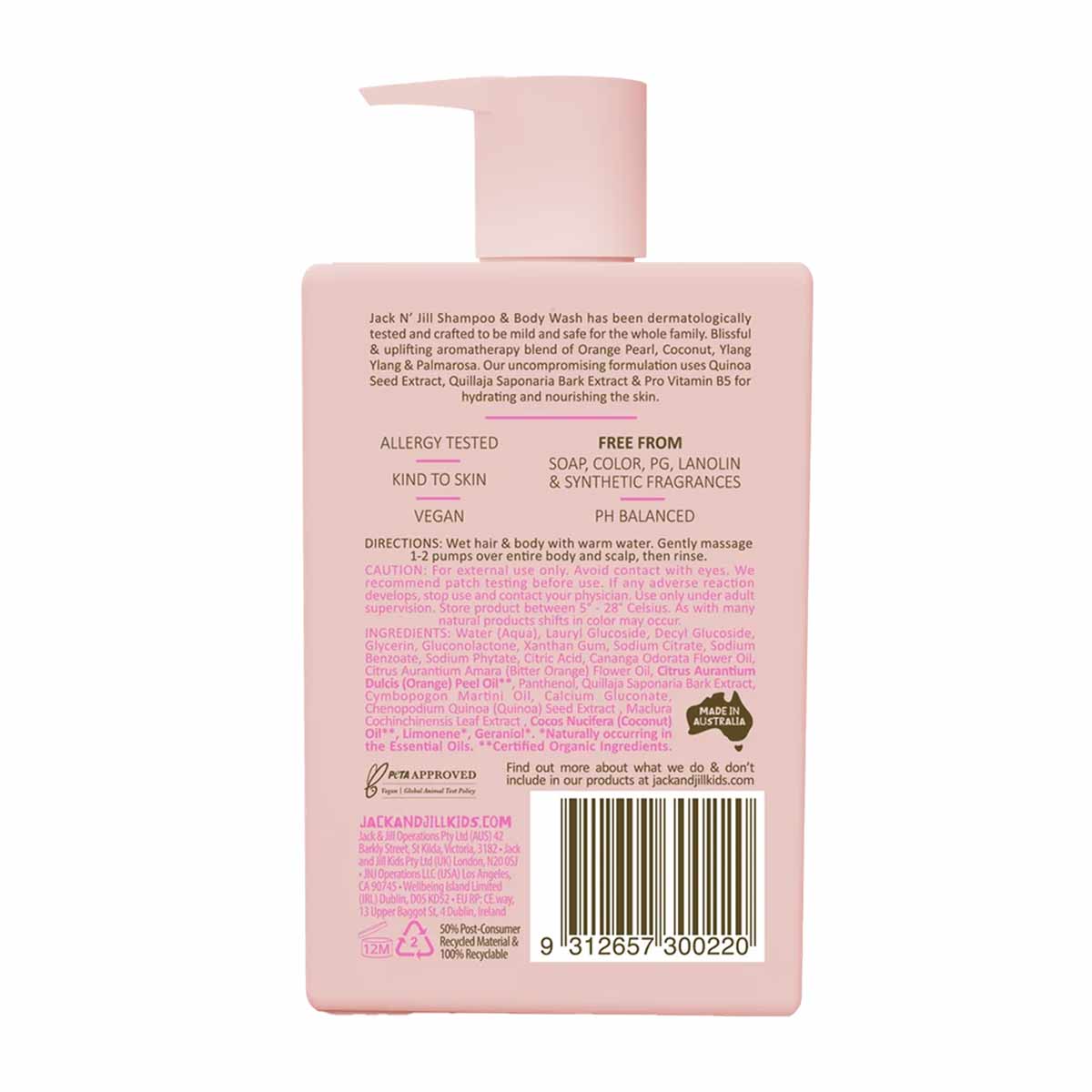 Pink pump bottle of Jack N' Jill Shampoo & Body Wash with product information and ingredient list printed on label.
