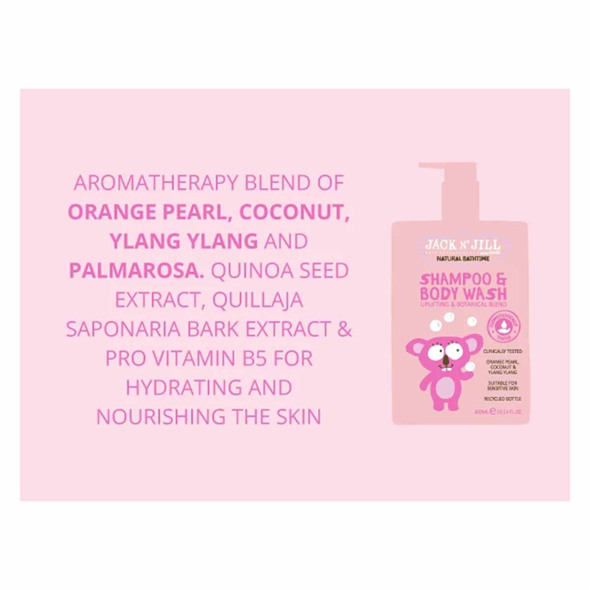 Jack N' Jill pink shampoo and body wash bottle with pump dispenser and cartoon monkey graphic on pale pink background.