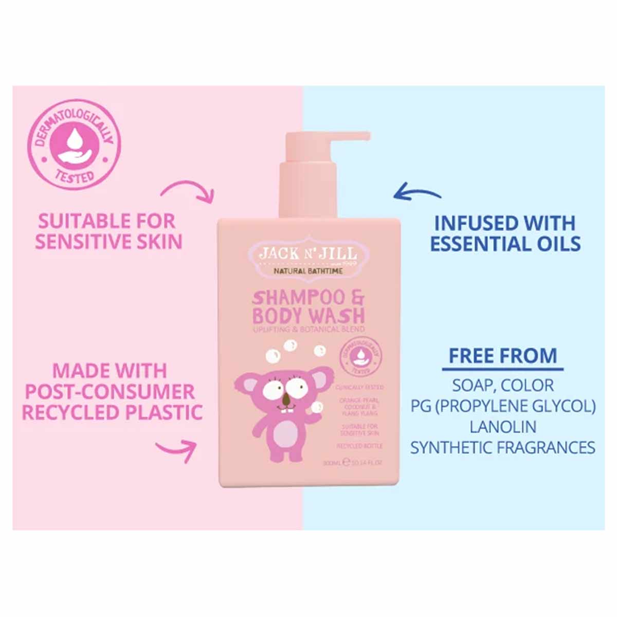 Beige pump bottle of Jack N' Jill Shampoo & Body Wash with pink monkey character and dermatologically tested seal.