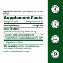 Supplement facts label for Shilajit with Fulvic Acid capsules showing ingredients, serving size, and certification badges.