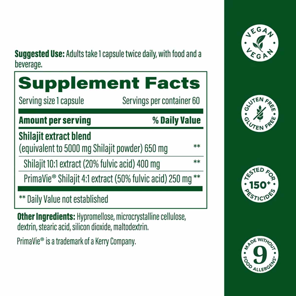Supplement facts label for Shilajit with Fulvic Acid capsules showing ingredients, serving size, and certification badges.