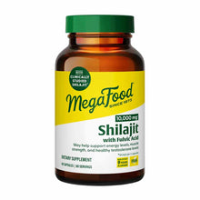 Megafood Shilajit with Fulvic Acid supplement bottle with green cap, 10,000 mg, 60 capsules.