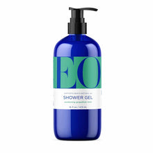 Blue bottle with black pump dispenser labeled "EO Shower Gel, awakening grapefruit mint," 16 fl oz.