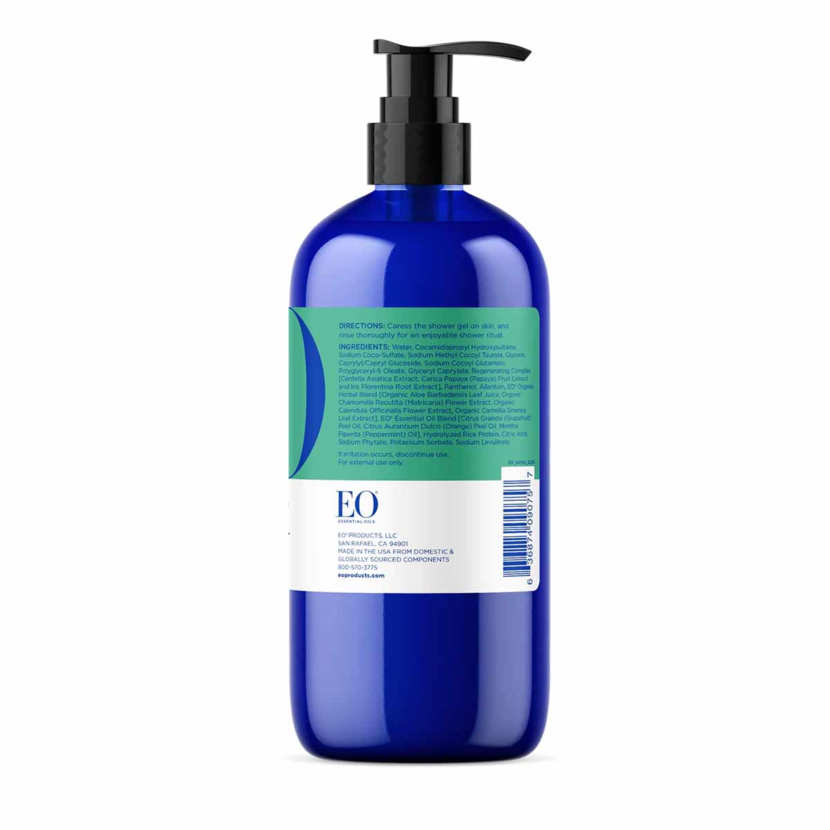 Blue plastic pump bottle of EO Products shower gel with green and white label.