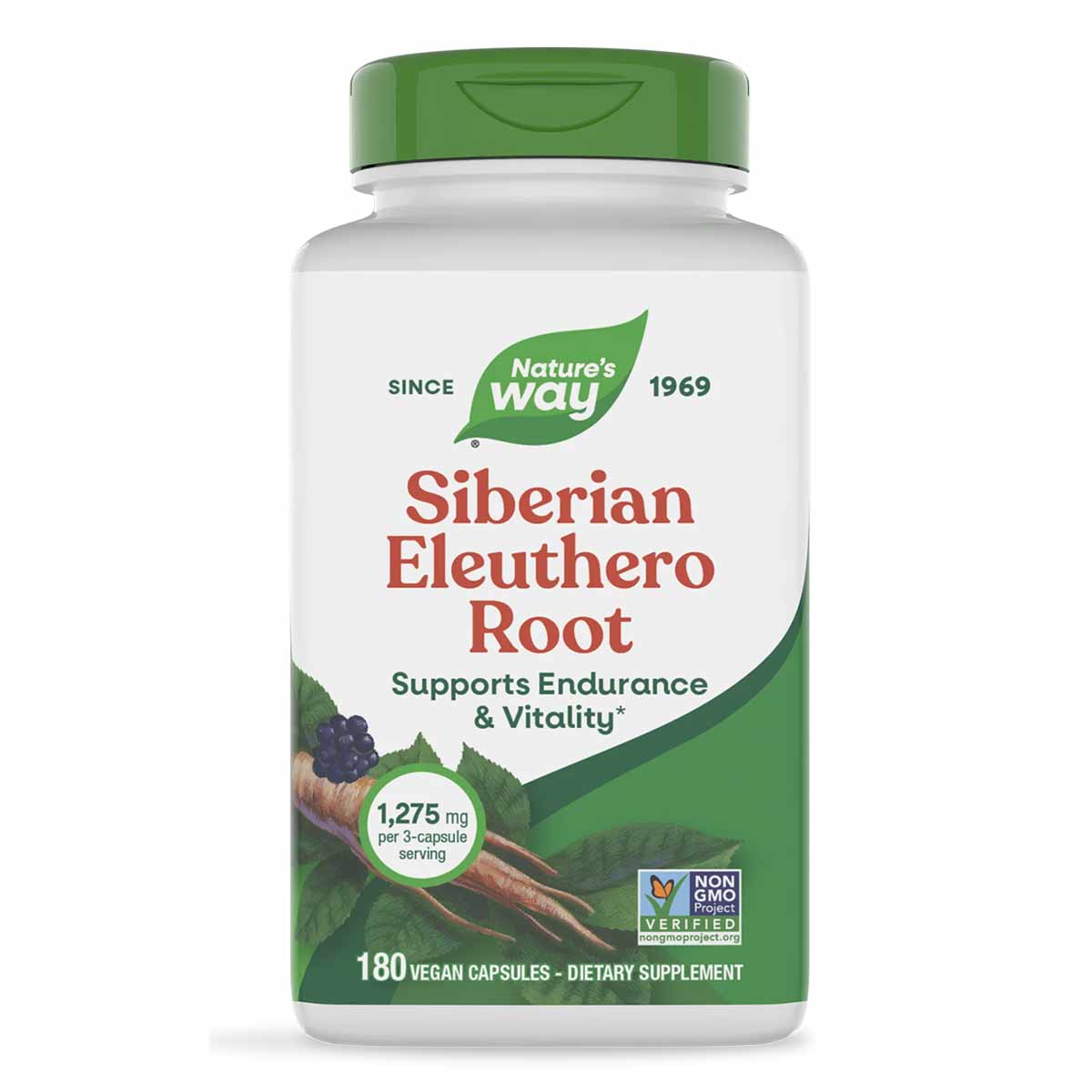 Nature's Way Siberian Eleuthero Root supplement bottle with green cap, 180 vegan capsules, 1,275 mg per serving.