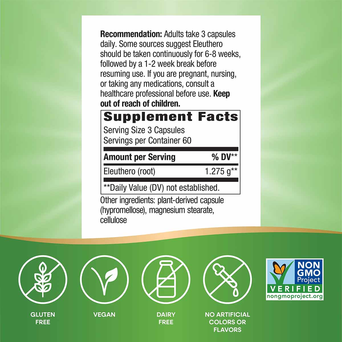Supplement facts label for Siberian Eleuthero Root capsules with dosage information and ingredient details on green backgroun