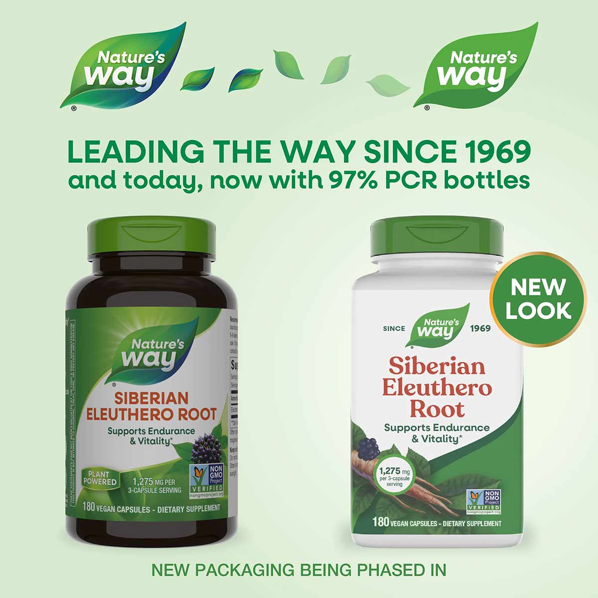 Nature's Way Siberian Eleuthero Root supplement bottles in dark glass and white containers with green caps, 180 vegan capsule