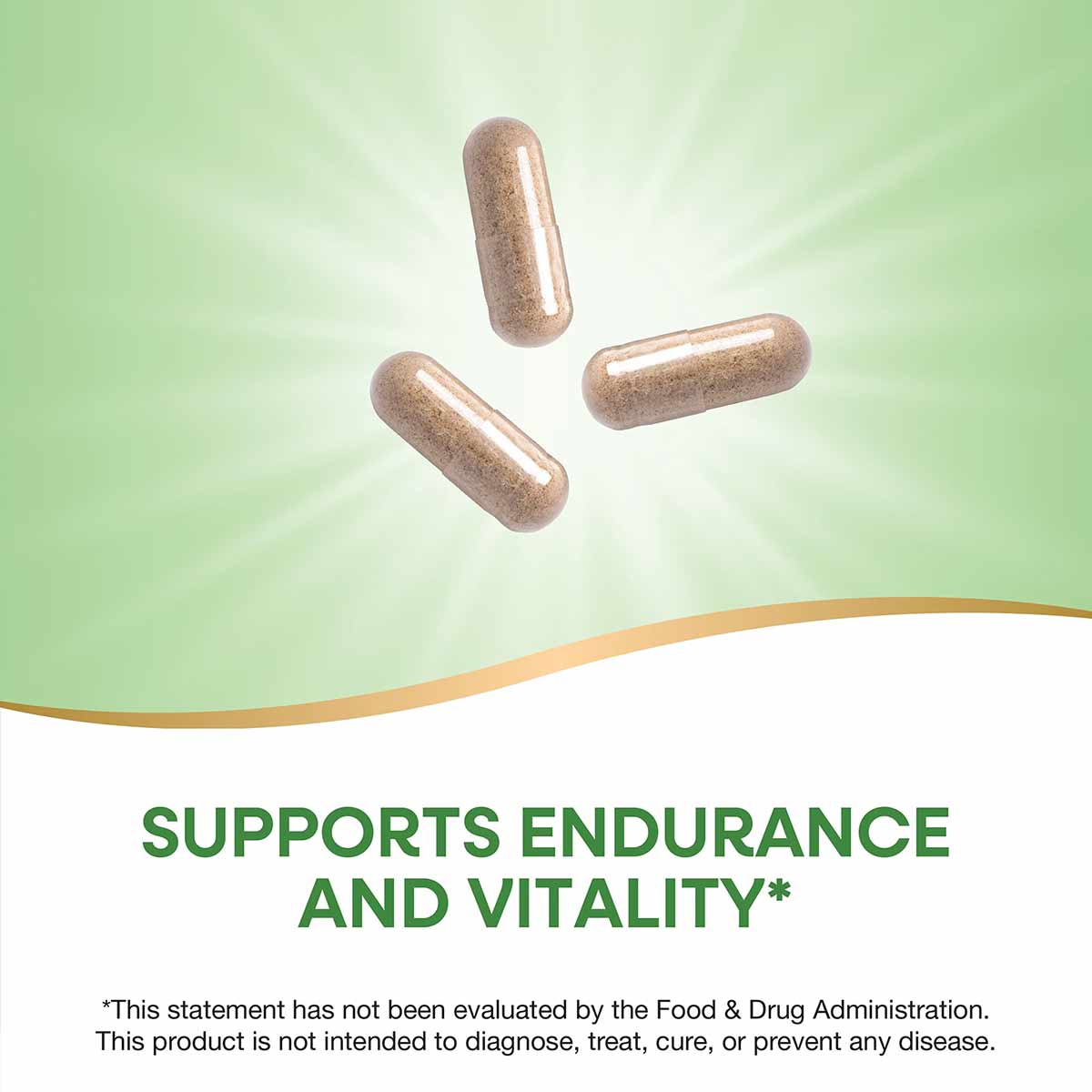 Three tan and brown capsules on a green and white background.