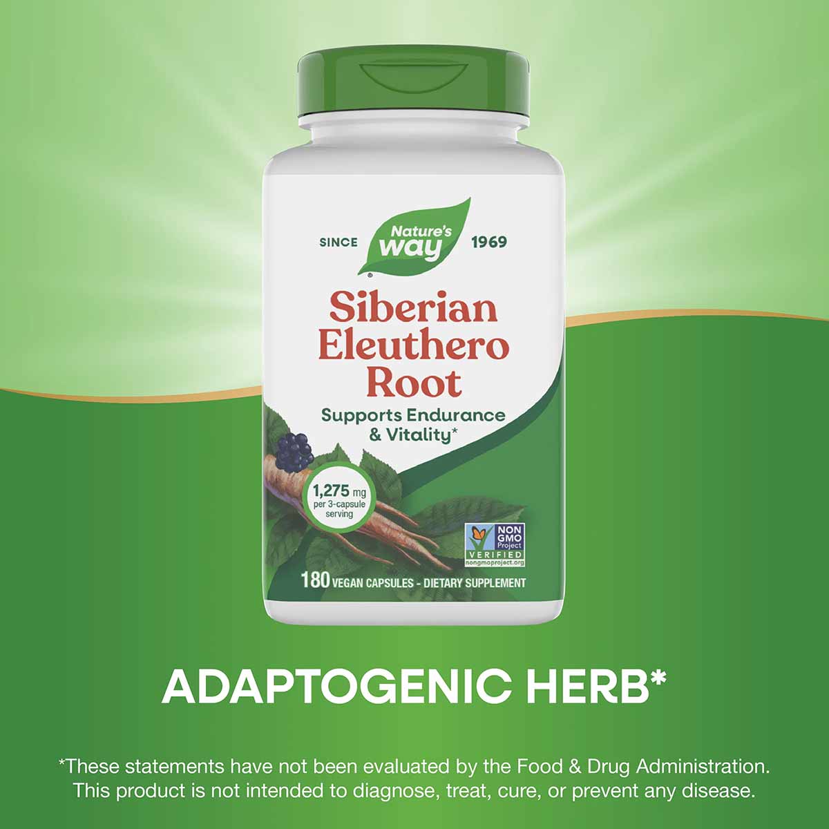 Nature's Way Siberian Eleuthero Root supplement bottle with green cap and label, containing 180 vegan capsules.