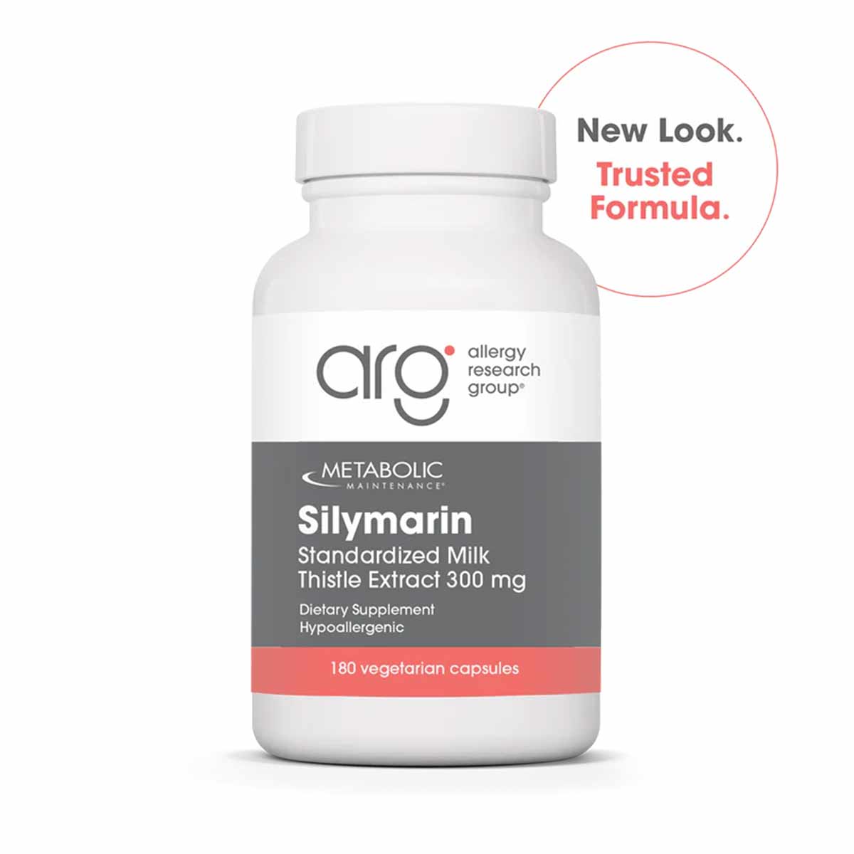White supplement bottle labeled Silymarin Standardized Milk Thistle Extract 300 mg by Allergy Research Group, containing 180 