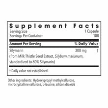 Supplement Facts label showing 300 mg Silymarin per capsule from Milk Thistle Seed Extract, 180 servings per container.