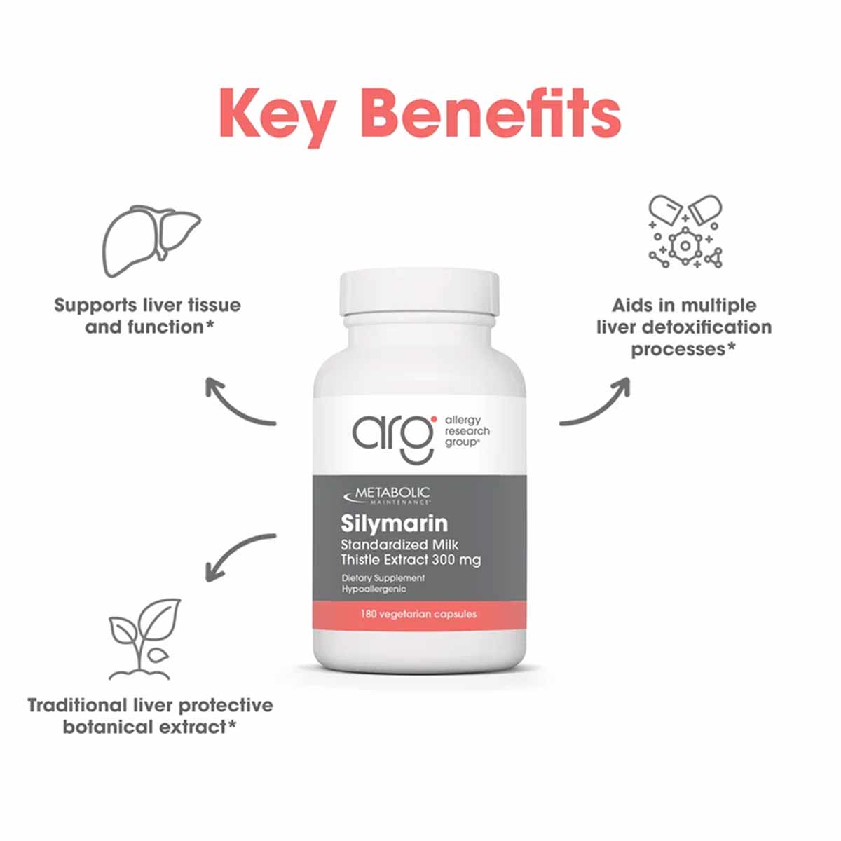 White bottle of Allergy Research Group Silymarin Standardized Milk Thistle Extract 300 mg with gray label and red accent band