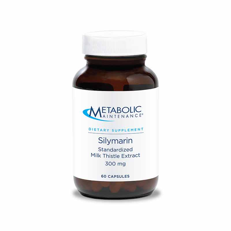 Brown glass bottle with white cap containing 60 capsules of Silymarin Standardized Milk Thistle Extract 300 mg by Metabolic M