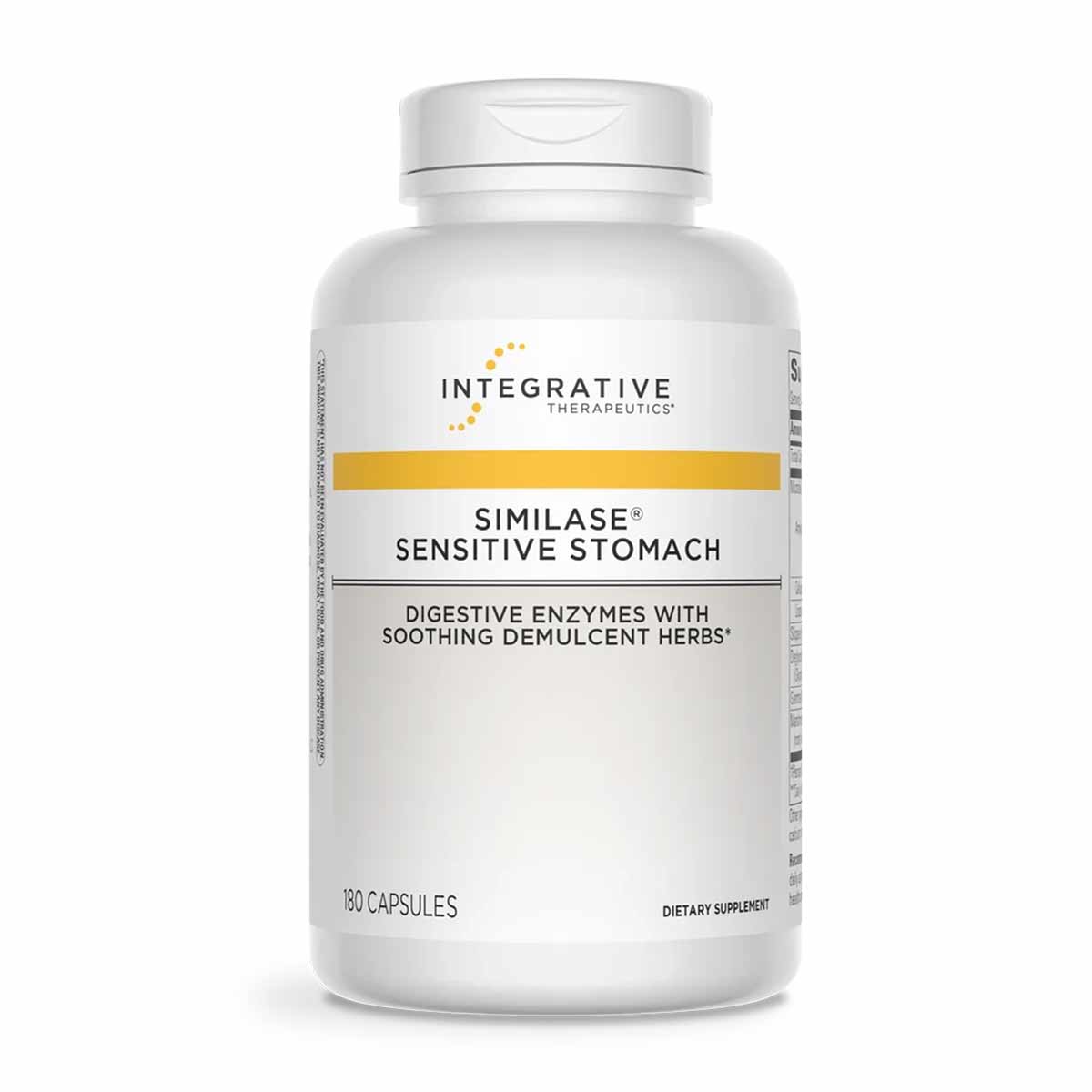 White supplement bottle with gold band containing 180 capsules of Similase Sensitive Stomach digestive enzymes by Integrative