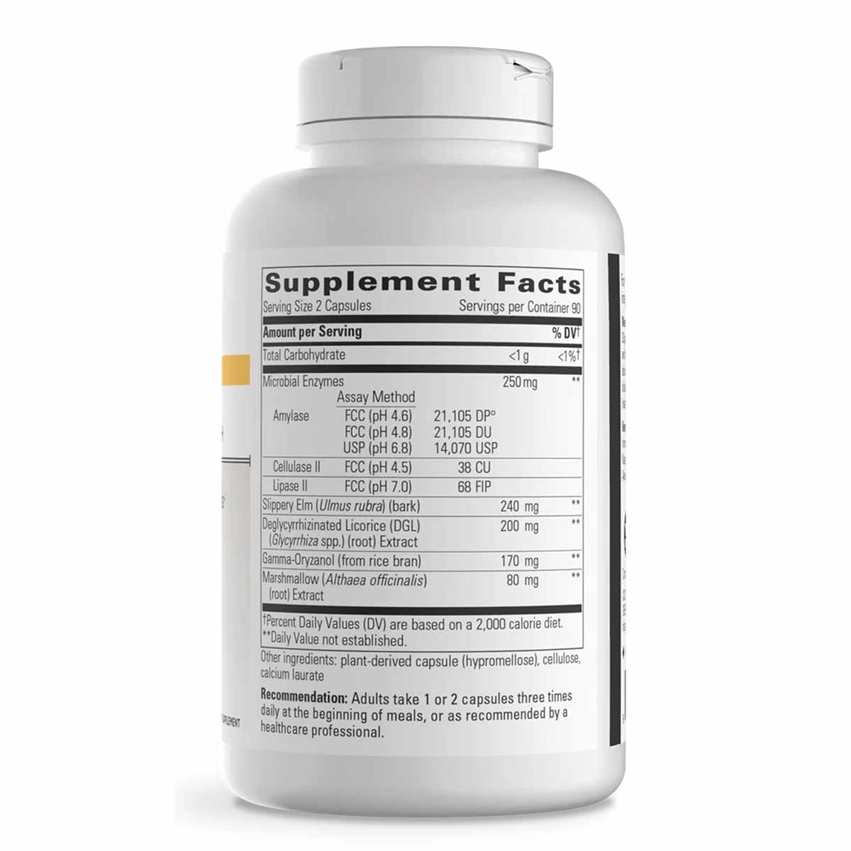 White bottle of Similase Sensitive Stomach Digestive Enzymes with white cap and supplement facts label visible.