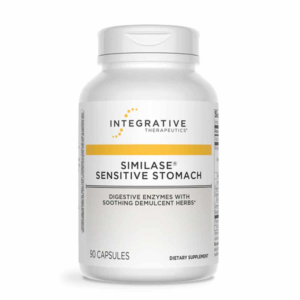 White bottle of Similase Sensitive Stomach digestive enzyme capsules by Integrative Therapeutics, 90 capsules.