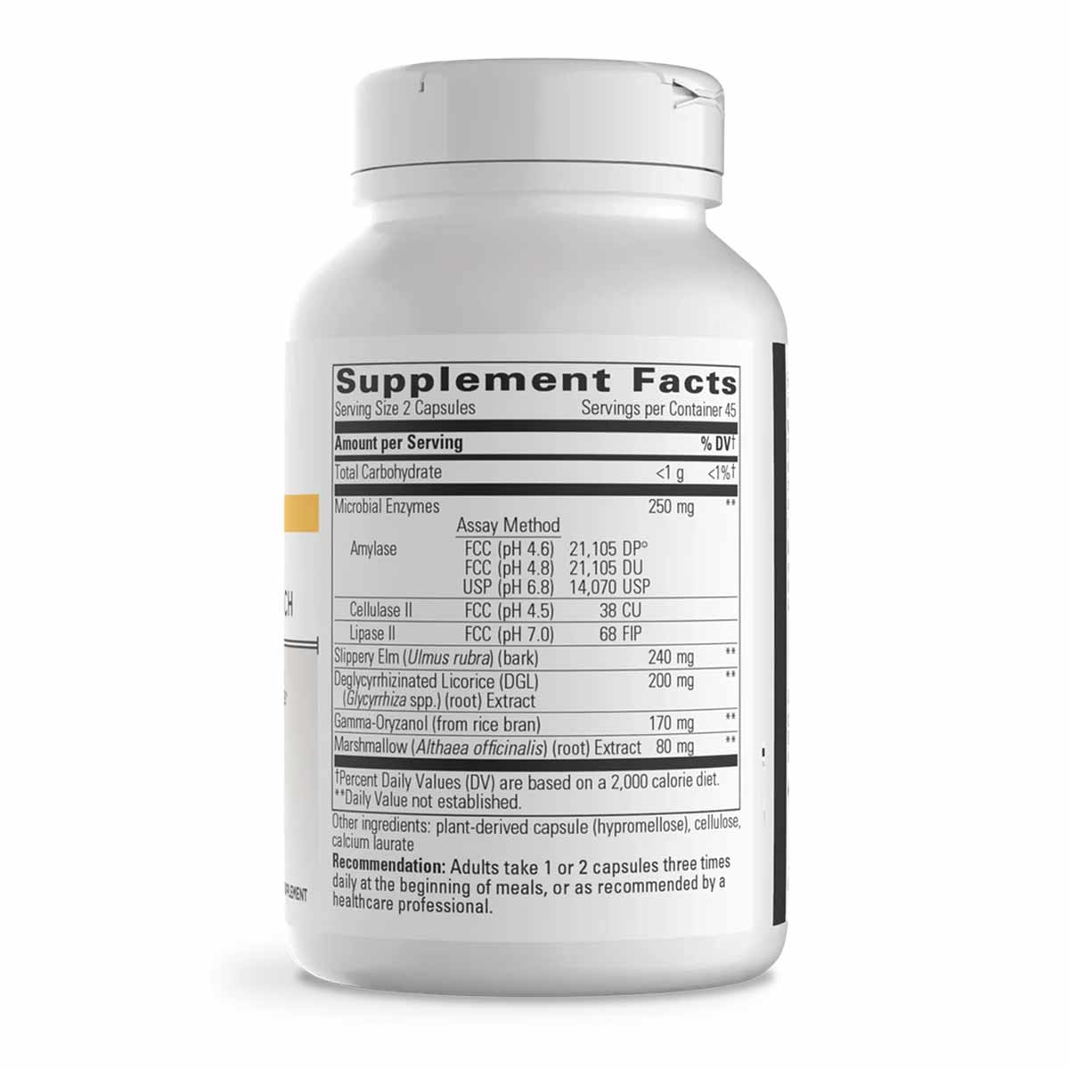 White capsule bottle of Similase Sensitive Stomach digestive enzymes with supplement facts label visible on front.