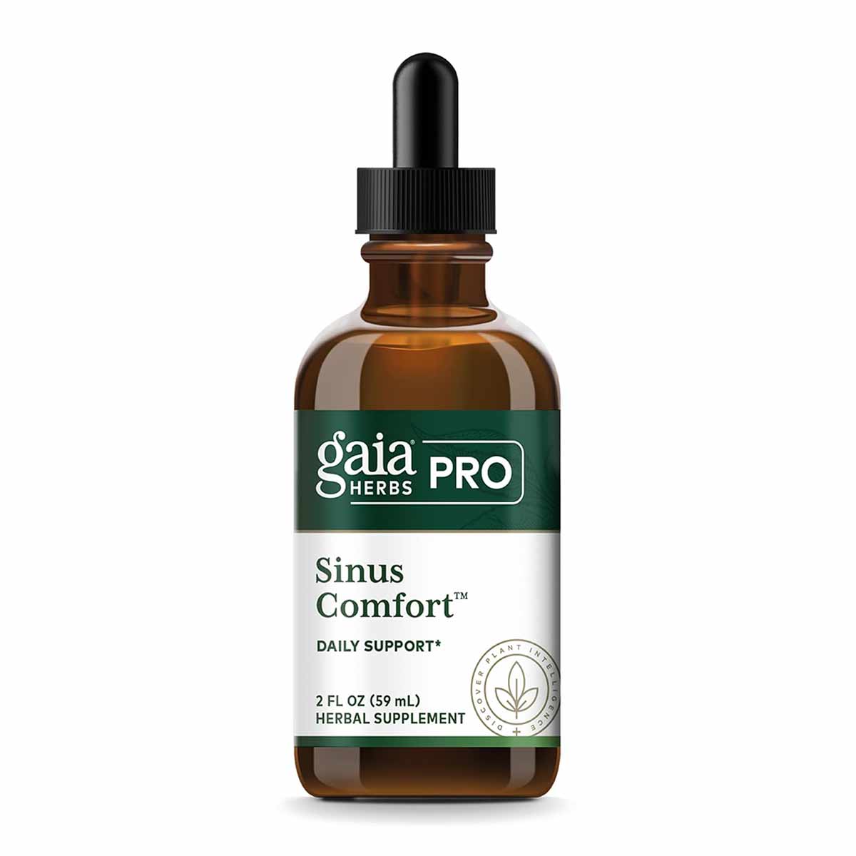 Brown glass dropper bottle with green and white label for Gaia Herbs Pro Sinus Comfort herbal supplement, 2 fl oz.