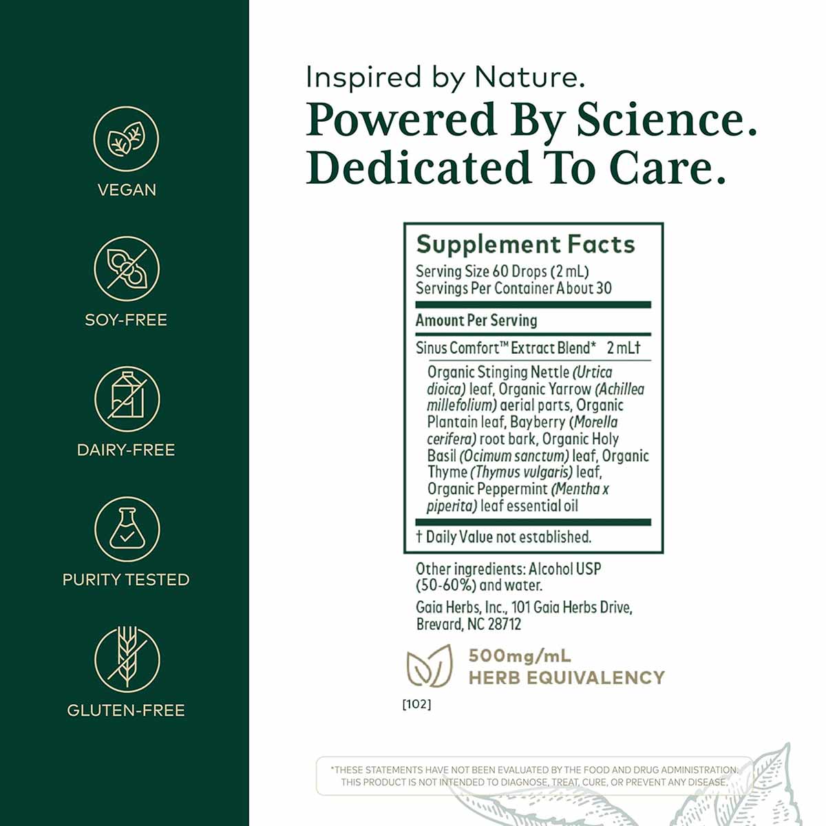 Gaia Herbs Sinus Comfort supplement label with ingredient list, vegan, soy-free, dairy-free, purity tested, and gluten-free c