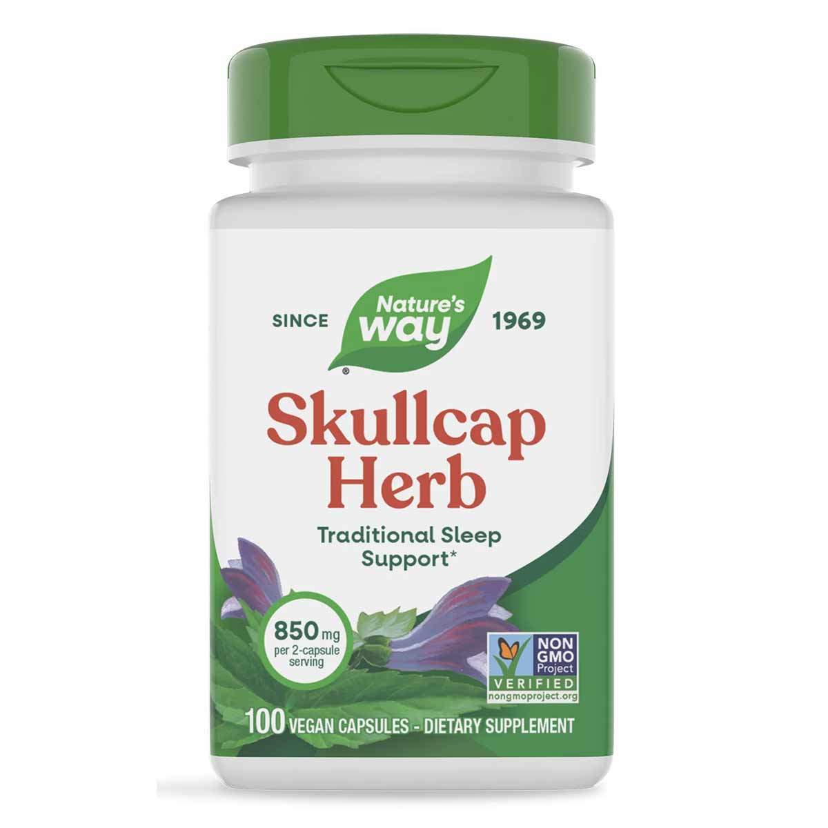 Nature's Way Skullcap Herb bottle with green cap and white label, containing 100 vegan capsules at 850mg per serving.