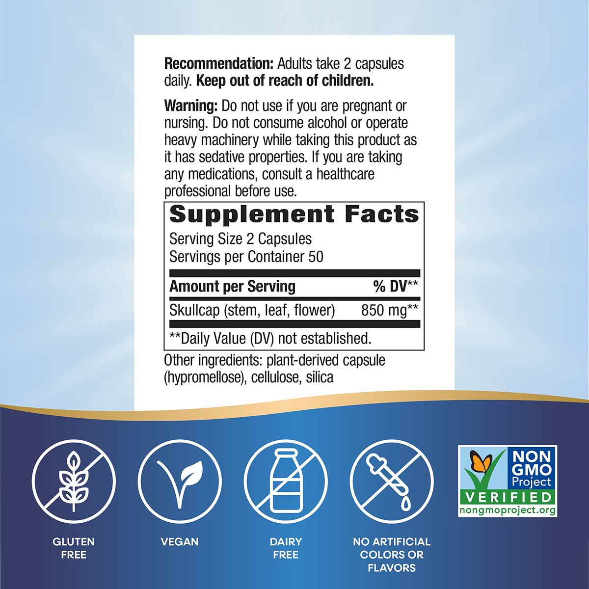 Skullcap supplement label showing usage directions, warnings, nutrition facts with 850mg per serving, and certifications for 