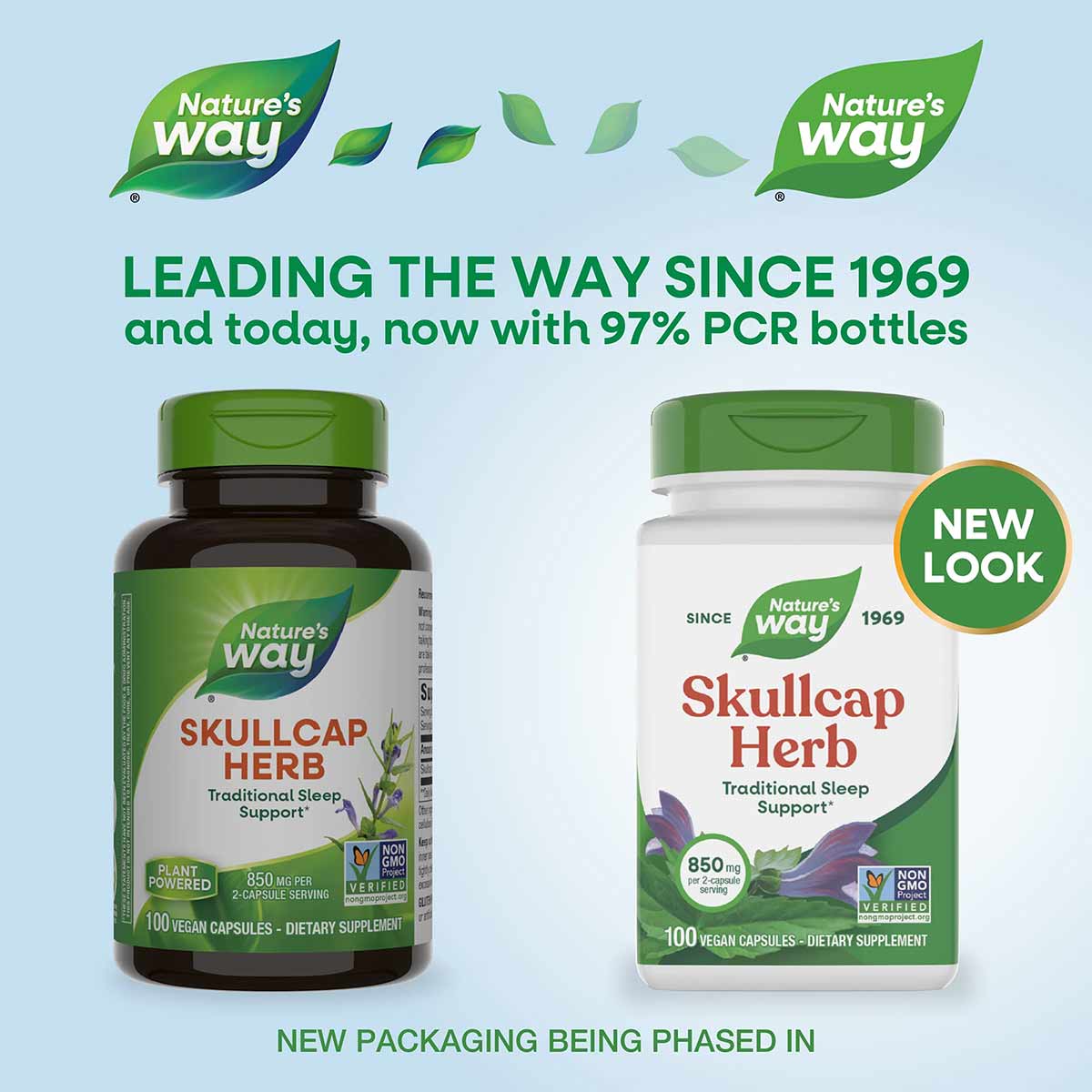 Two Nature's Way Skullcap Herb bottles: dark glass with green cap (left) and white with green cap marked "New Look" (right).