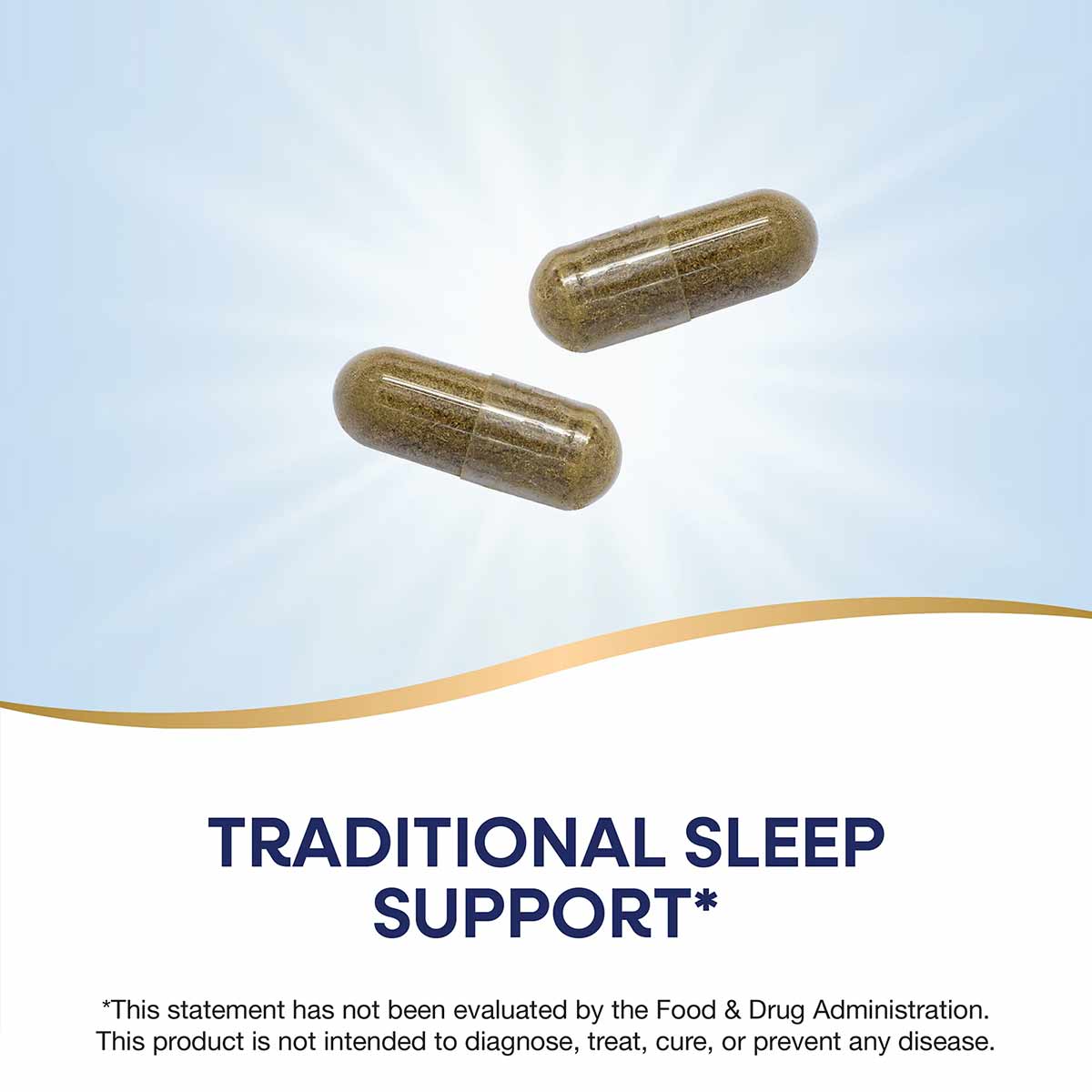 Two olive-green herbal capsules on a light blue and white background.