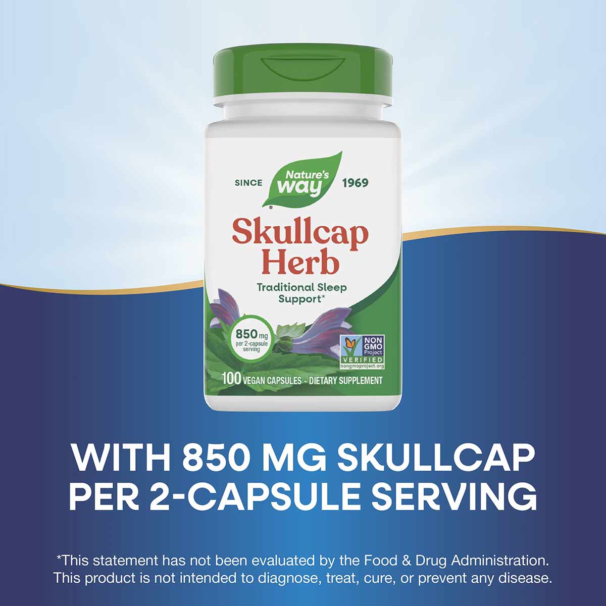 Nature's Way Skullcap Herb bottle with green cap containing 100 vegan capsules at 850 mg per serving.