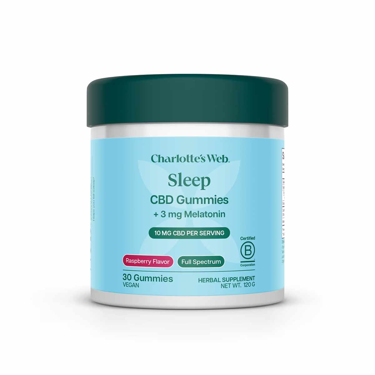 Charlotte's Web Sleep CBD Gummies with 3mg melatonin in raspberry flavor, 30-count container with teal lid.