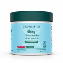 Charlotte's Web Sleep CBD Gummies bottle with teal lid, light blue label showing "sleep CBD Gummies + 3 mg Melatonin" and "Ra