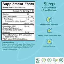 Charlotte's Web Sleep CBD Gummies with 3 mg melatonin in raspberry flavor, showing supplement facts label on light blue backg