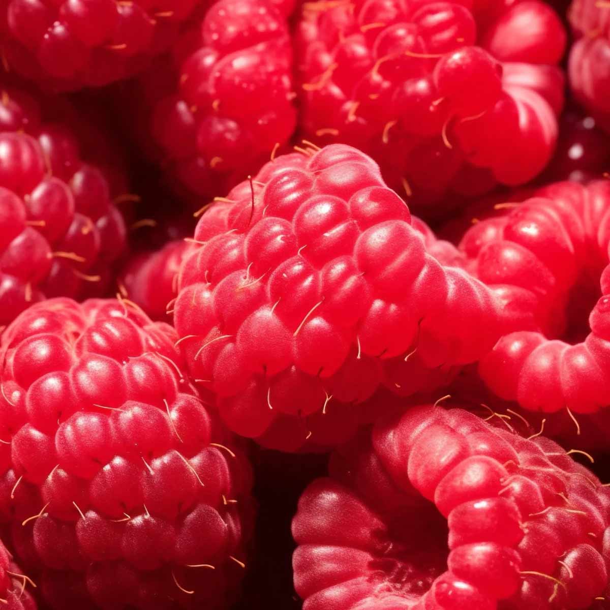 Close-up of bright red raspberries with visible drupelets and small stems.