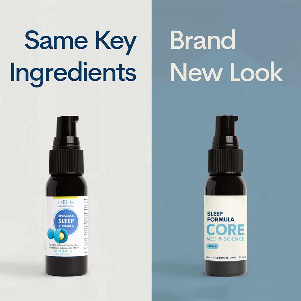 Dark glass spray bottle labeled "Sleep Formula" by Core Med Science, 1 oz size, with white label and black pump top.