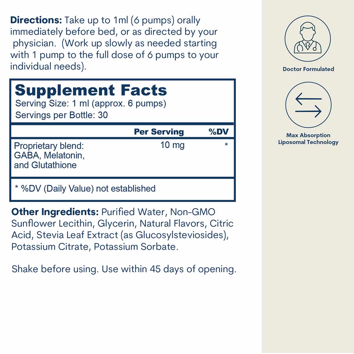 Core Med Science Sleep Formula 1 oz liquid supplement containing GABA, Melatonin, and Glutathione with pump dispenser.