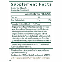Supplement Facts label for Gaia Herbs Sleep Formula showing serving size, nutritional information, and herbal blend ingredien