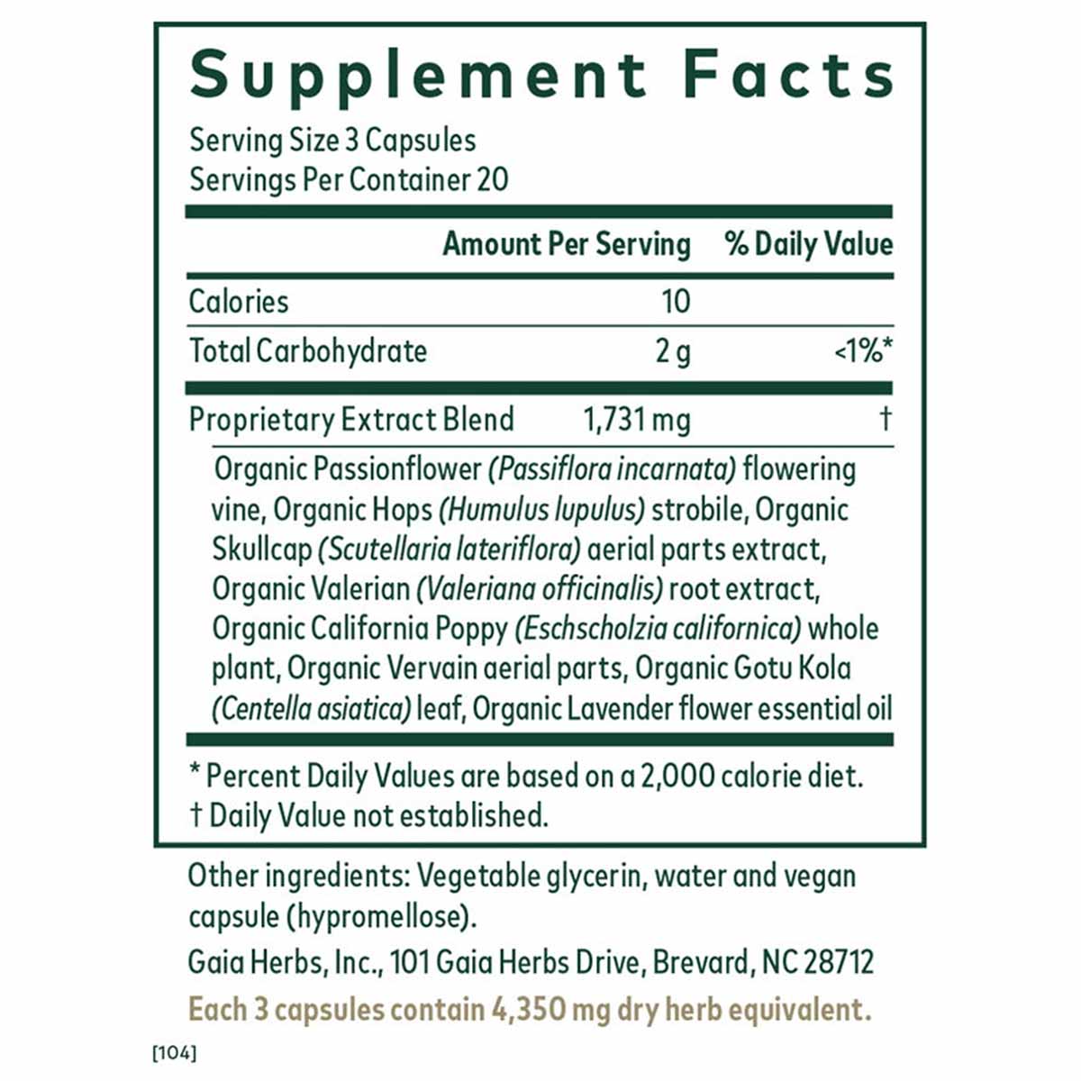 Supplement Facts label for Gaia Herbs Sleep Formula showing serving size, nutritional information, and herbal blend ingredien