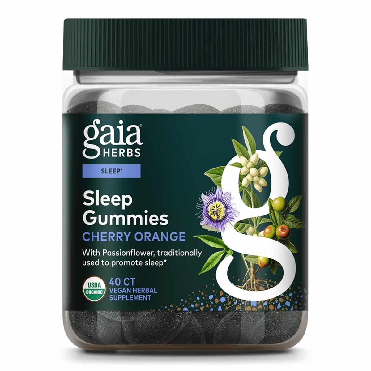 Gaia Herbs Sleep Gummies bottle with dark green cap containing 40 count cherry orange flavored gummies.