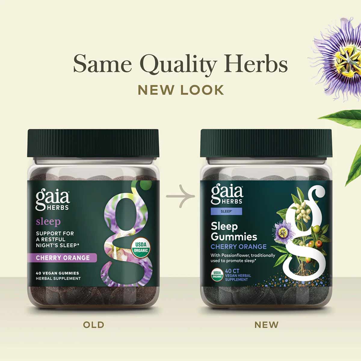 Two bottles of Gaia Herbs Sleep Gummies in Cherry Orange flavor showing old and new packaging designs side by side.