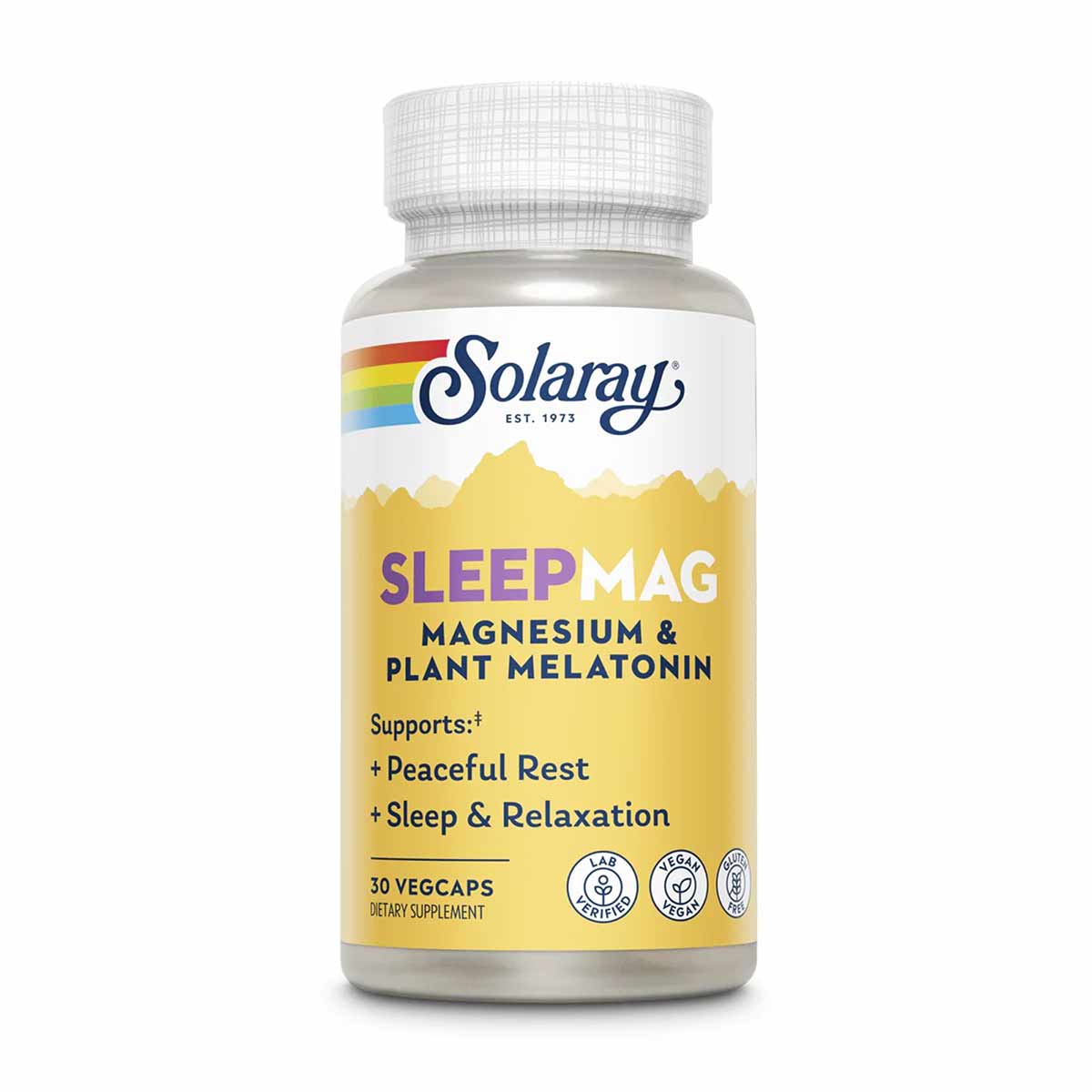 Solaray Sleep Mag supplement bottle with white cap containing 30 vegcaps, yellow label with purple text.