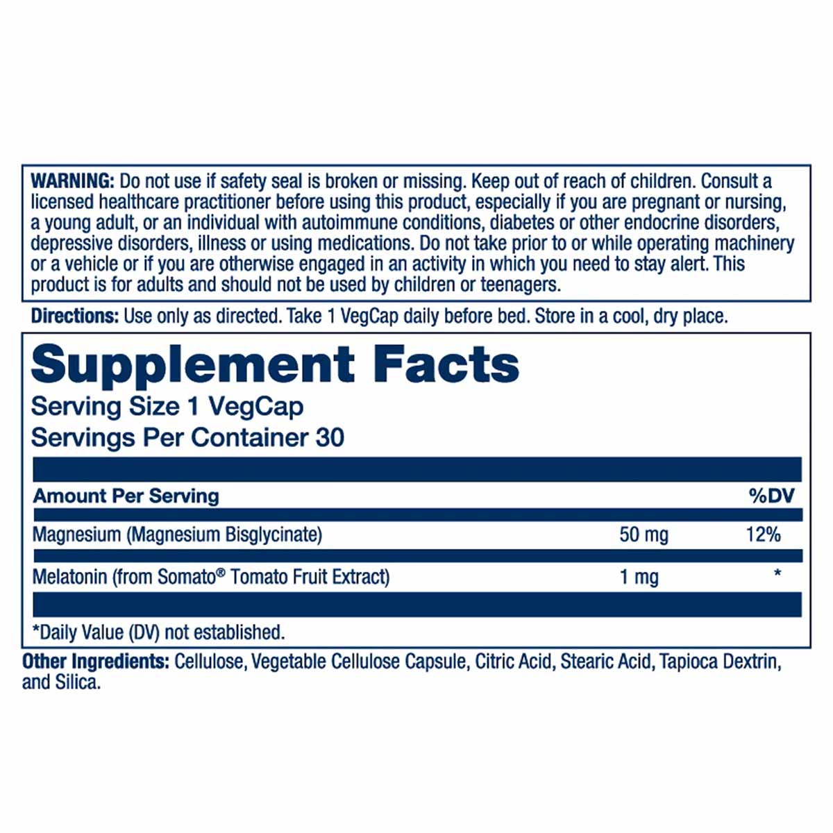 Supplement Facts label for Sleep Mag showing magnesium and melatonin ingredients with usage directions and warning informatio